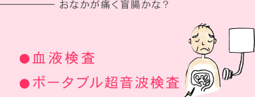 おなかが痛く盲腸かな？ = 血液検査、ポータブル超音波検査